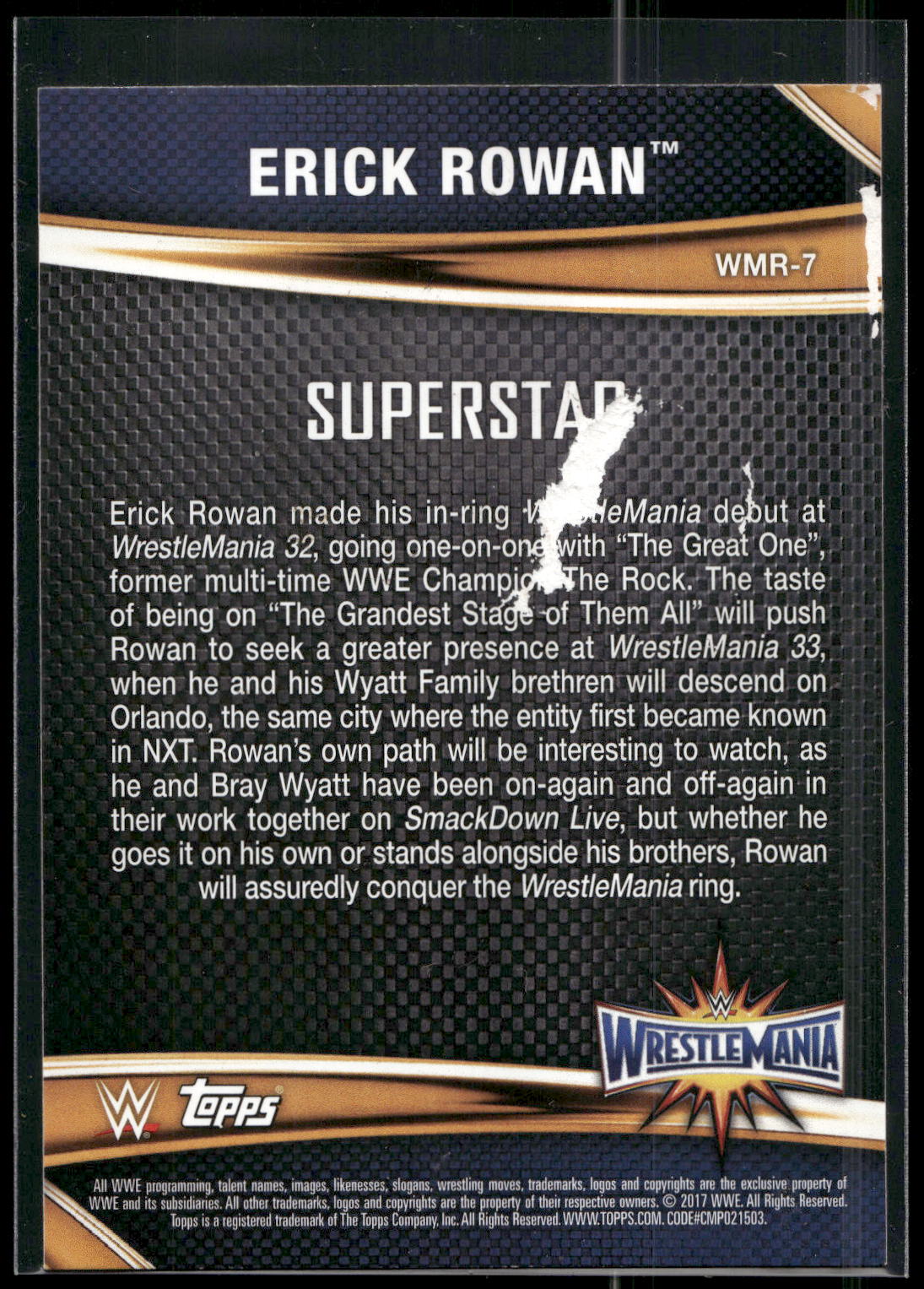 2017 Topps WWE Road To Wrestlemania #WMR-7 Erick Rowan WrestleMania 33 Roster