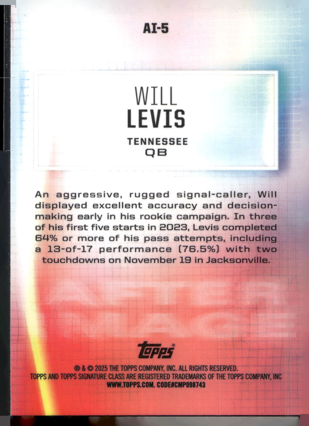 2024 Topps Signature Class #AI-5 Will Levis After Image
