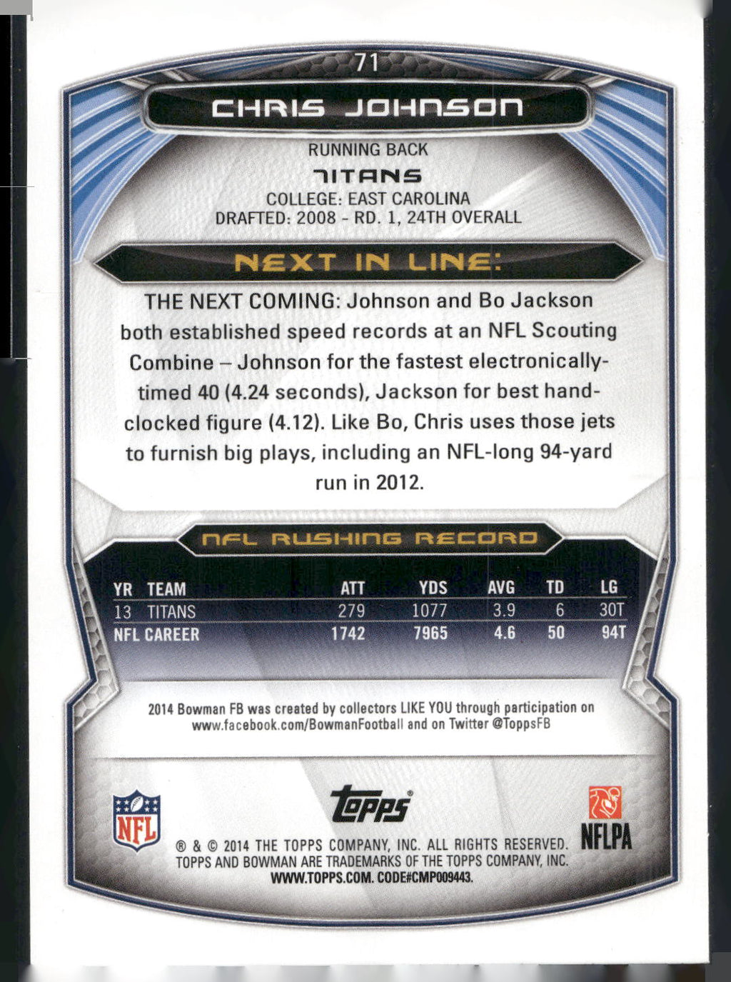 2014 Bowman #71 Chris Johnson