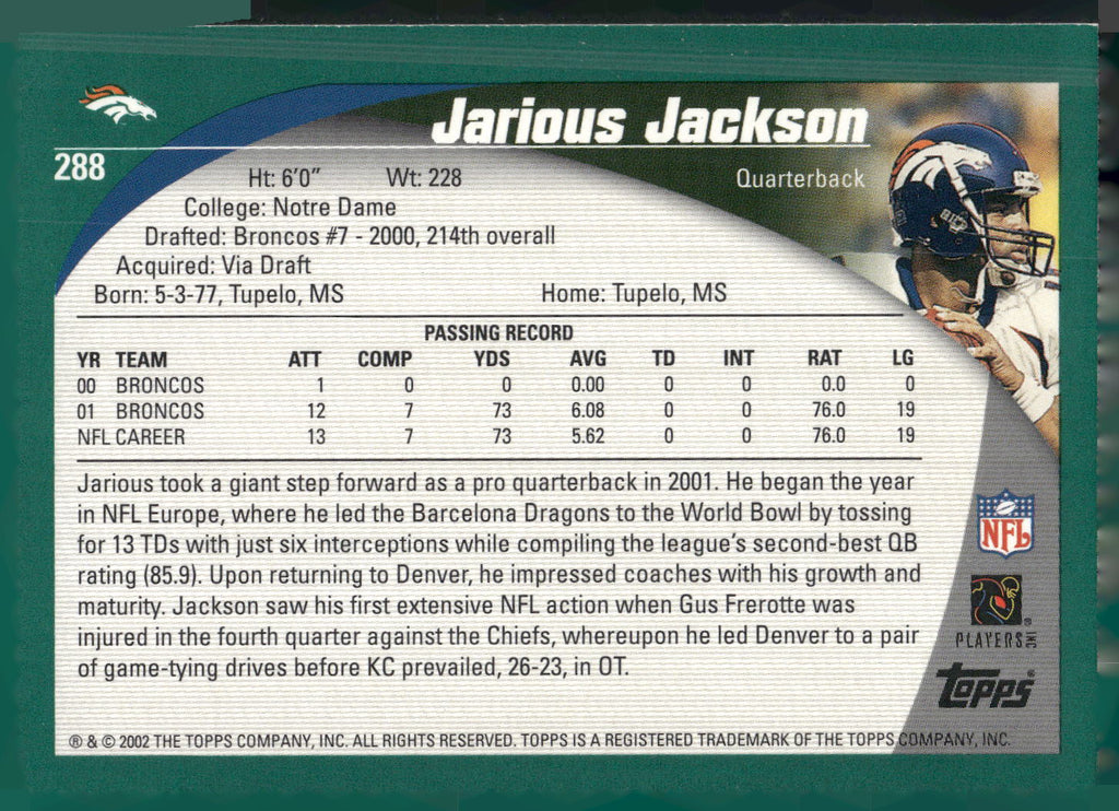 2002 Topps #288 Jarious Jackson