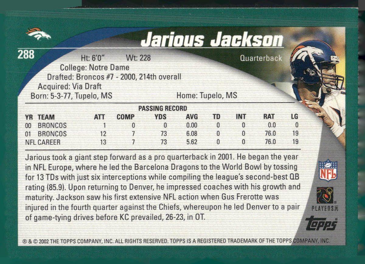 2002 Topps #288 Jarious Jackson