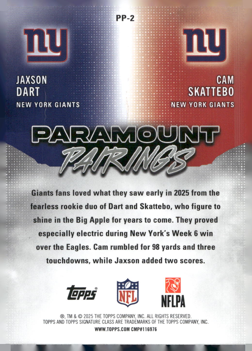 2025 Topps Signature Class #PP-2 Cam Skattebo / Jaxson Dart Paramount Pairings