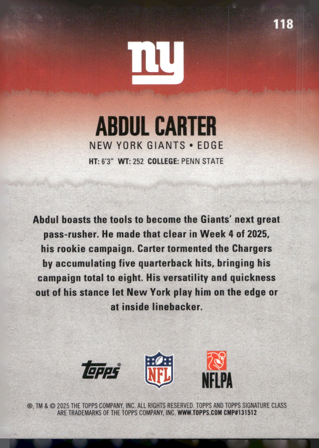 2025 Topps Signature Class #118 Abdul Carter Blue & Yellow