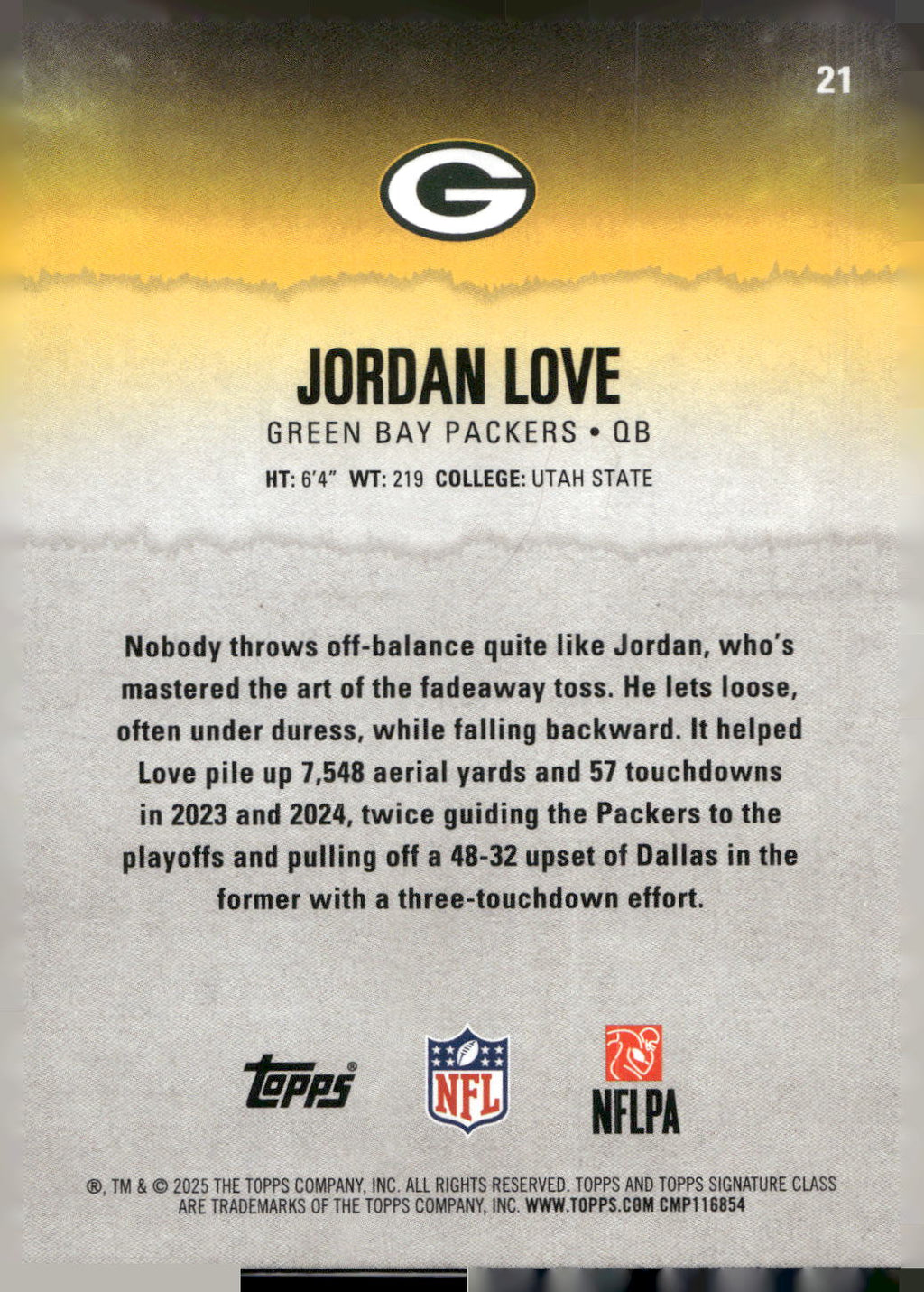 2025 Topps Signature Class #21 Jordan Love Green & Purple