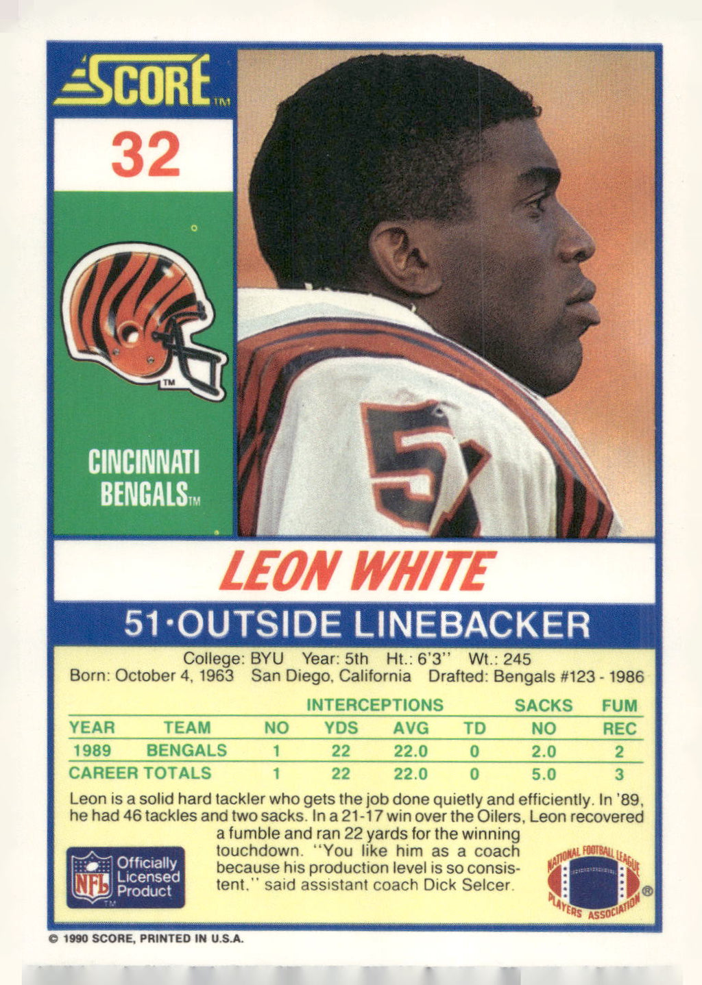 1990 Score #32 Leon White