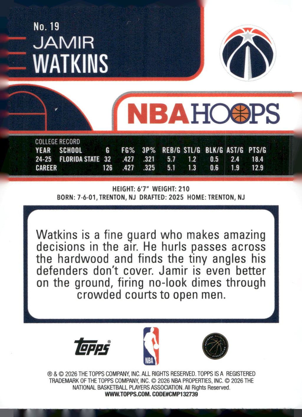 2025-26 Hoops #19 Jamir Watkins Rainbow