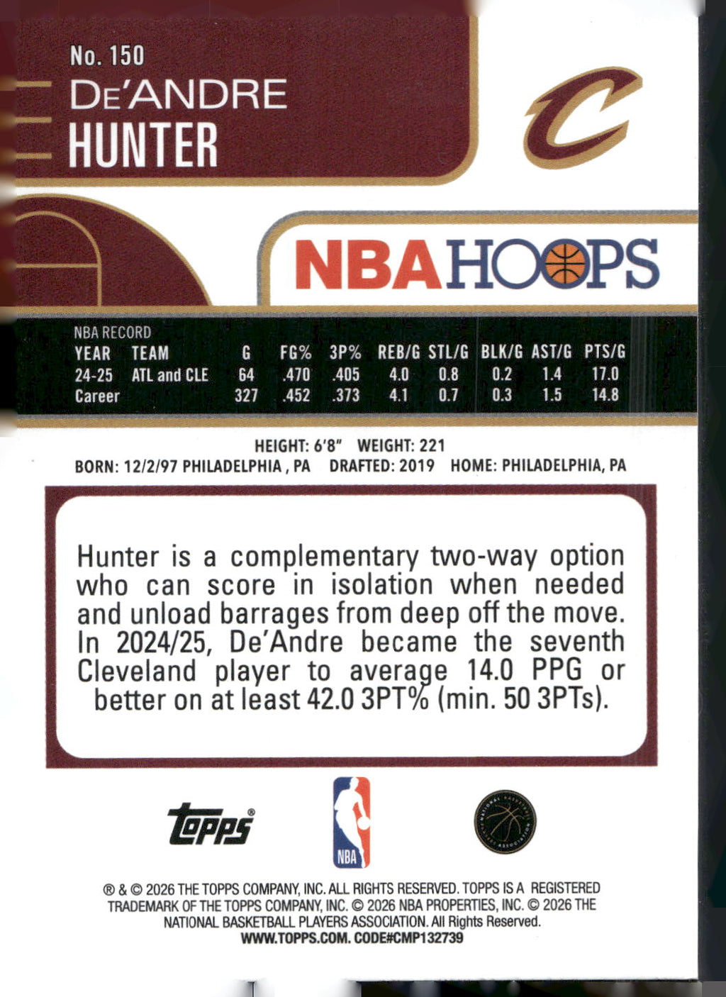 2025-26 Hoops #150 De'Andre Hunter Rainbow