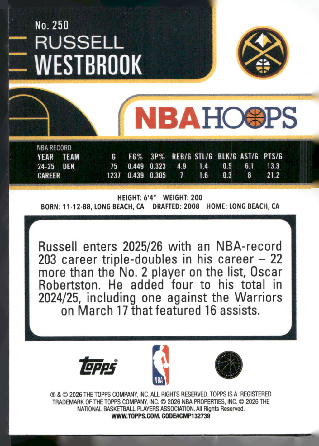 2025-26 Hoops #250 Russell Westbrook Rainbow