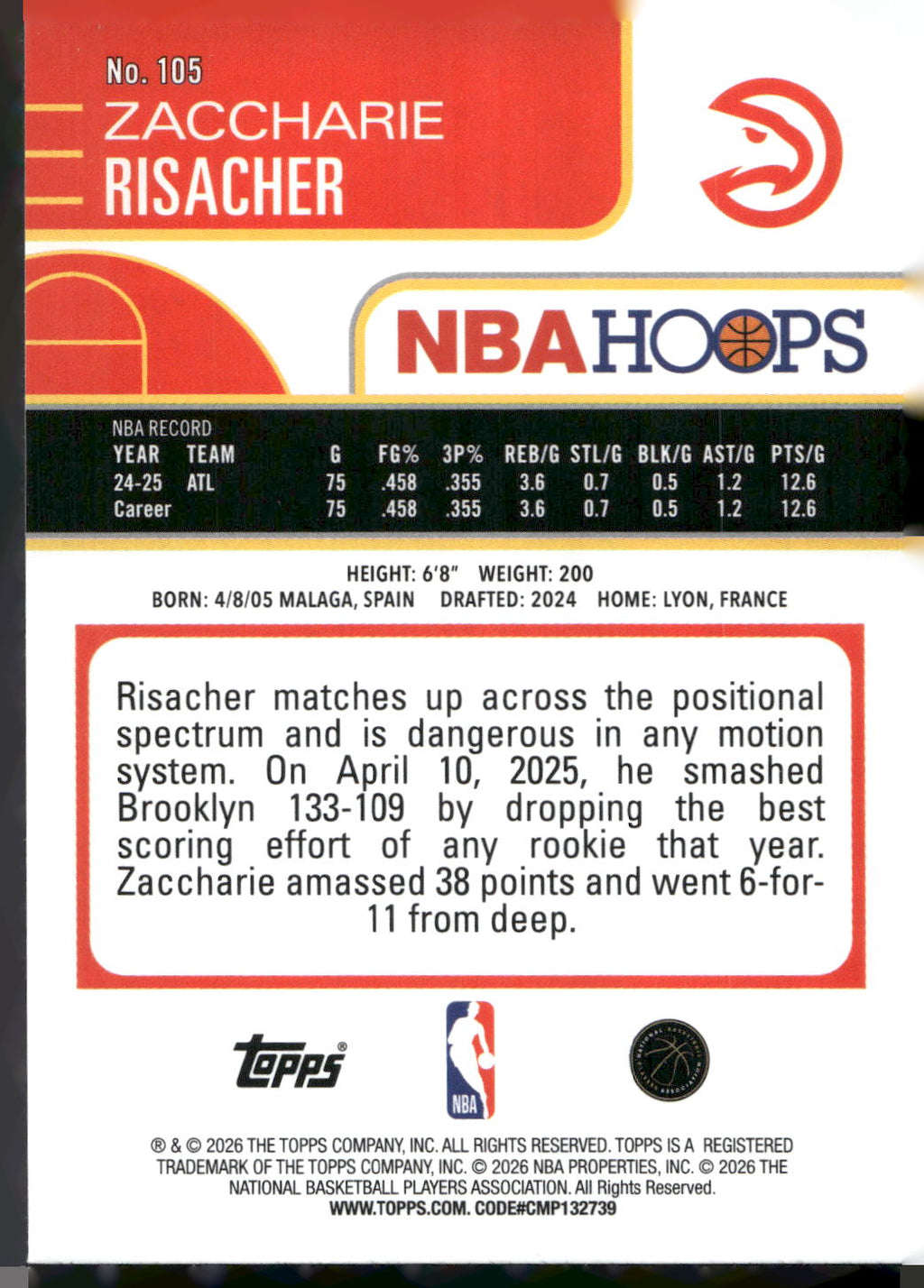 2025-26 Hoops #105 Zaccharie Risacher Rainbow