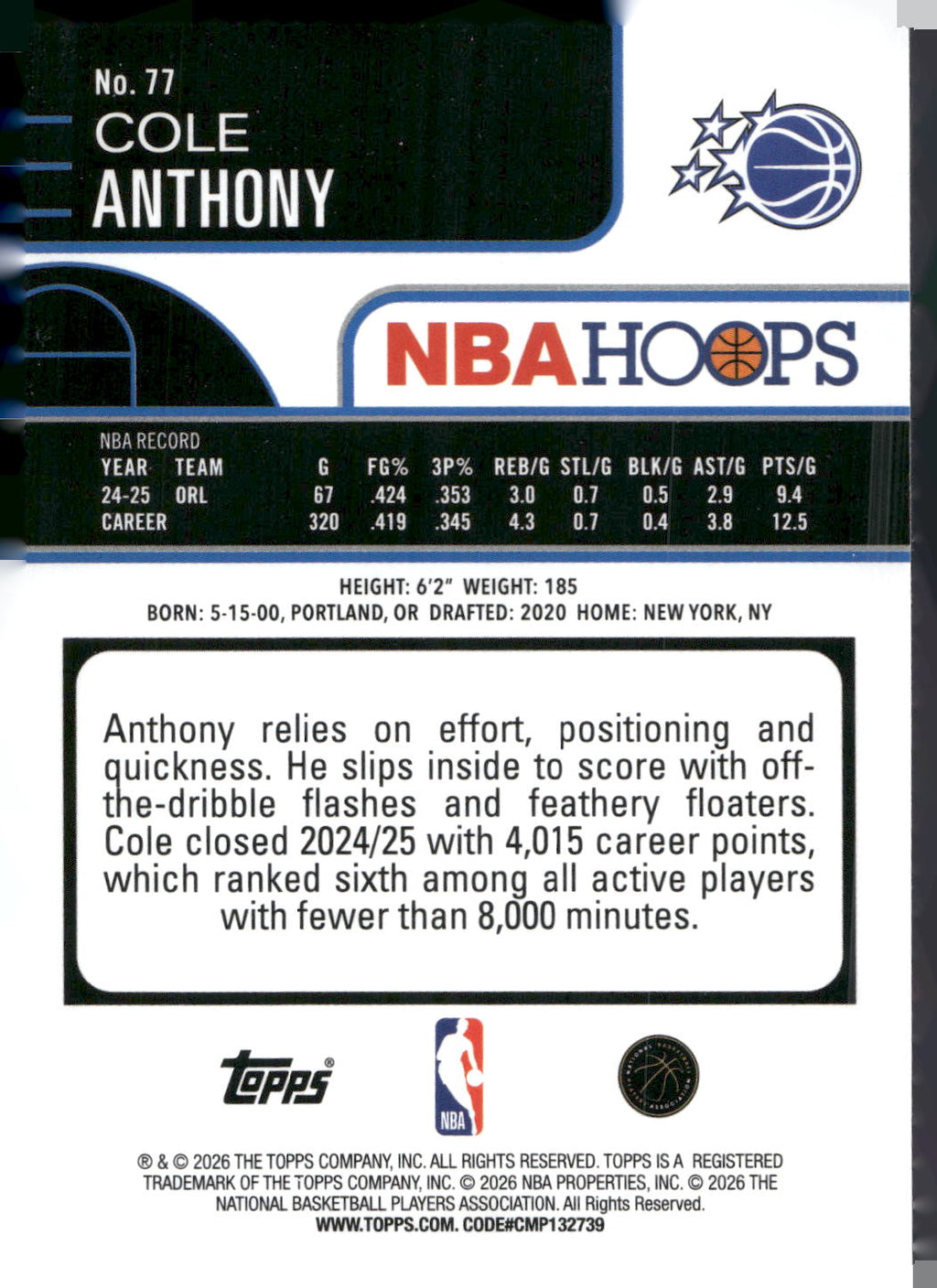 2025-26 Hoops #77 Cole Anthony Rainbow