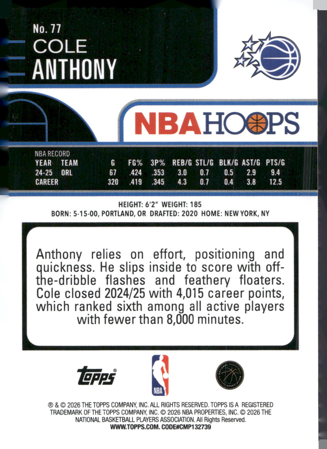 2025-26 Hoops #77 Cole Anthony Rainbow