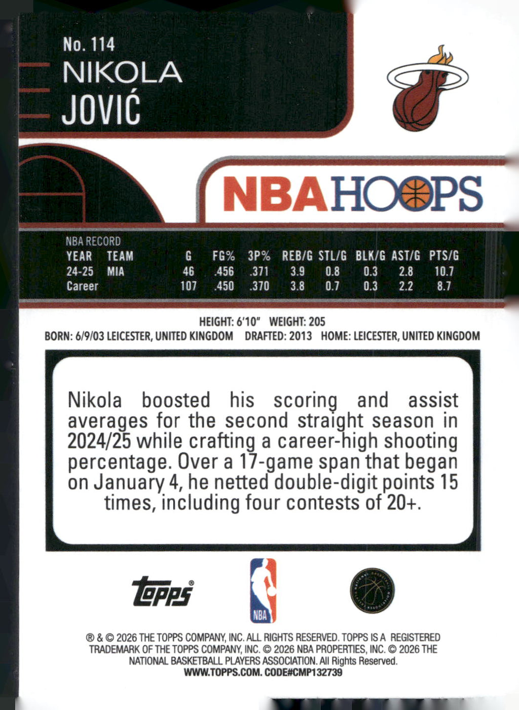 2025-26 Hoops #114 Nikola Jovic Rainbow