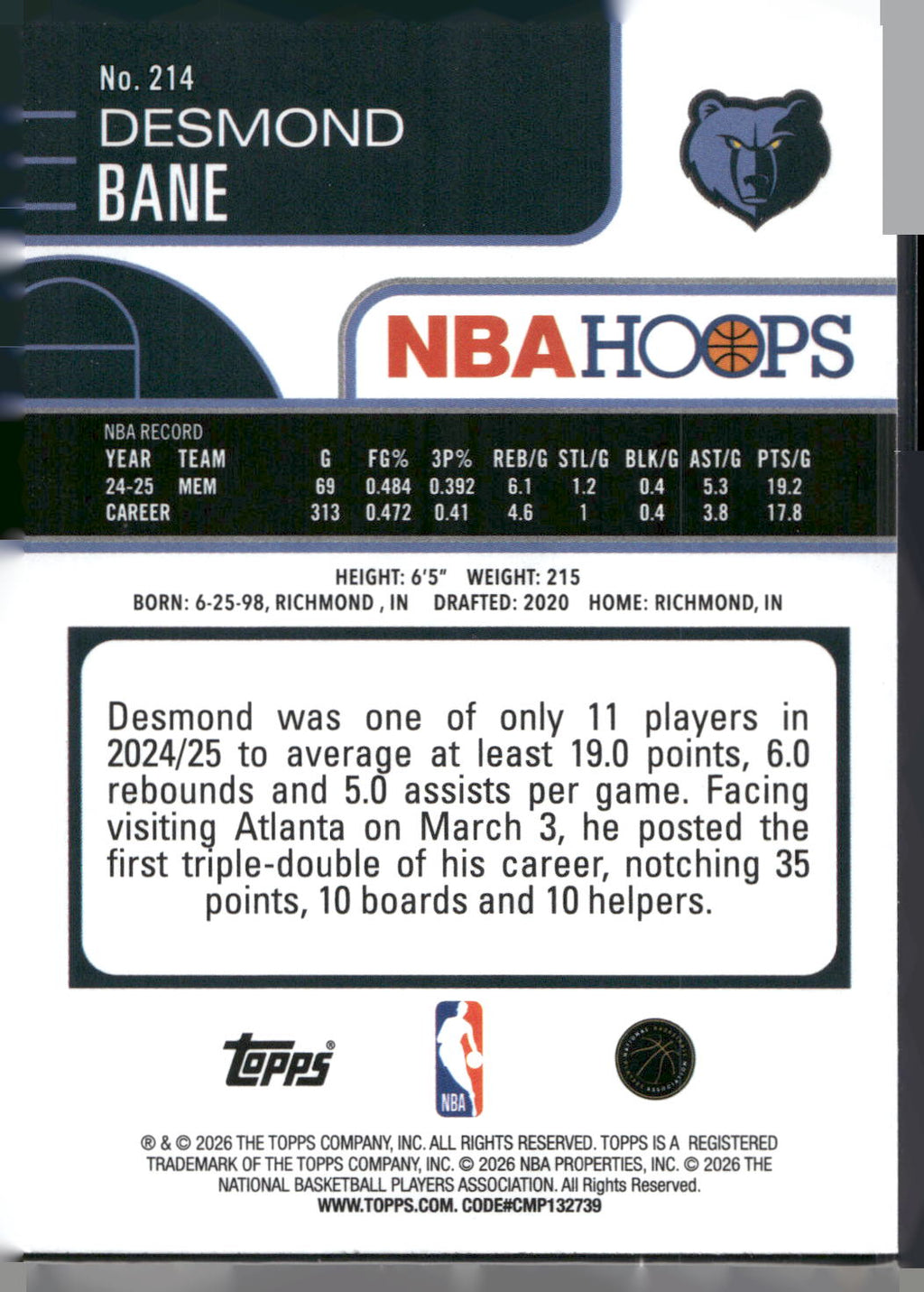 2025-26 Hoops #214 Desmond Bane Rainbow