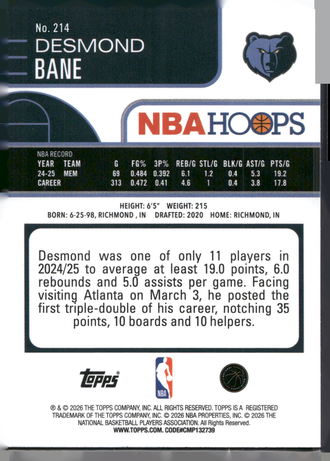 2025-26 Hoops #214 Desmond Bane Rainbow