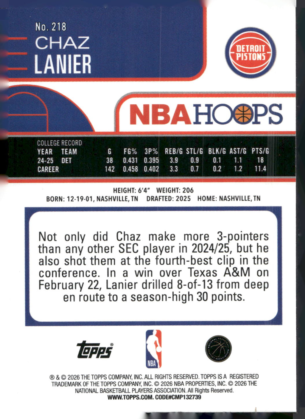 2025-26 Hoops #218 Chaz Lanier Rainbow