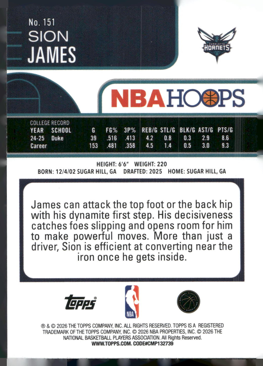 2025-26 Hoops #151 Sion James Rainbow