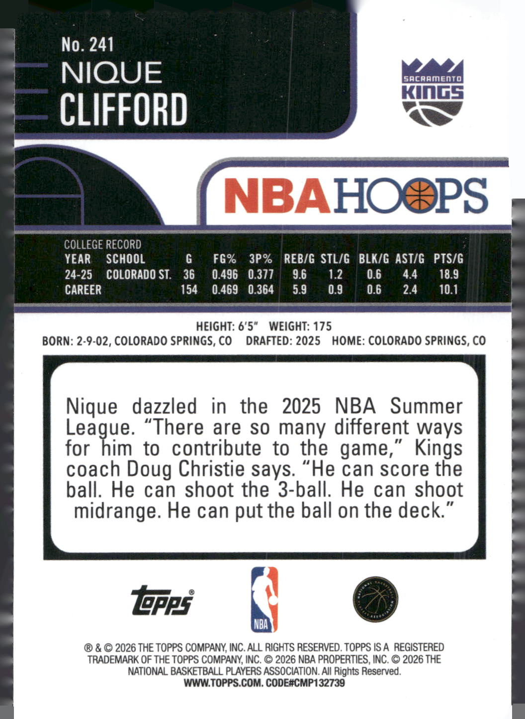 2025-26 Hoops #241 Nique Clifford Rainbow