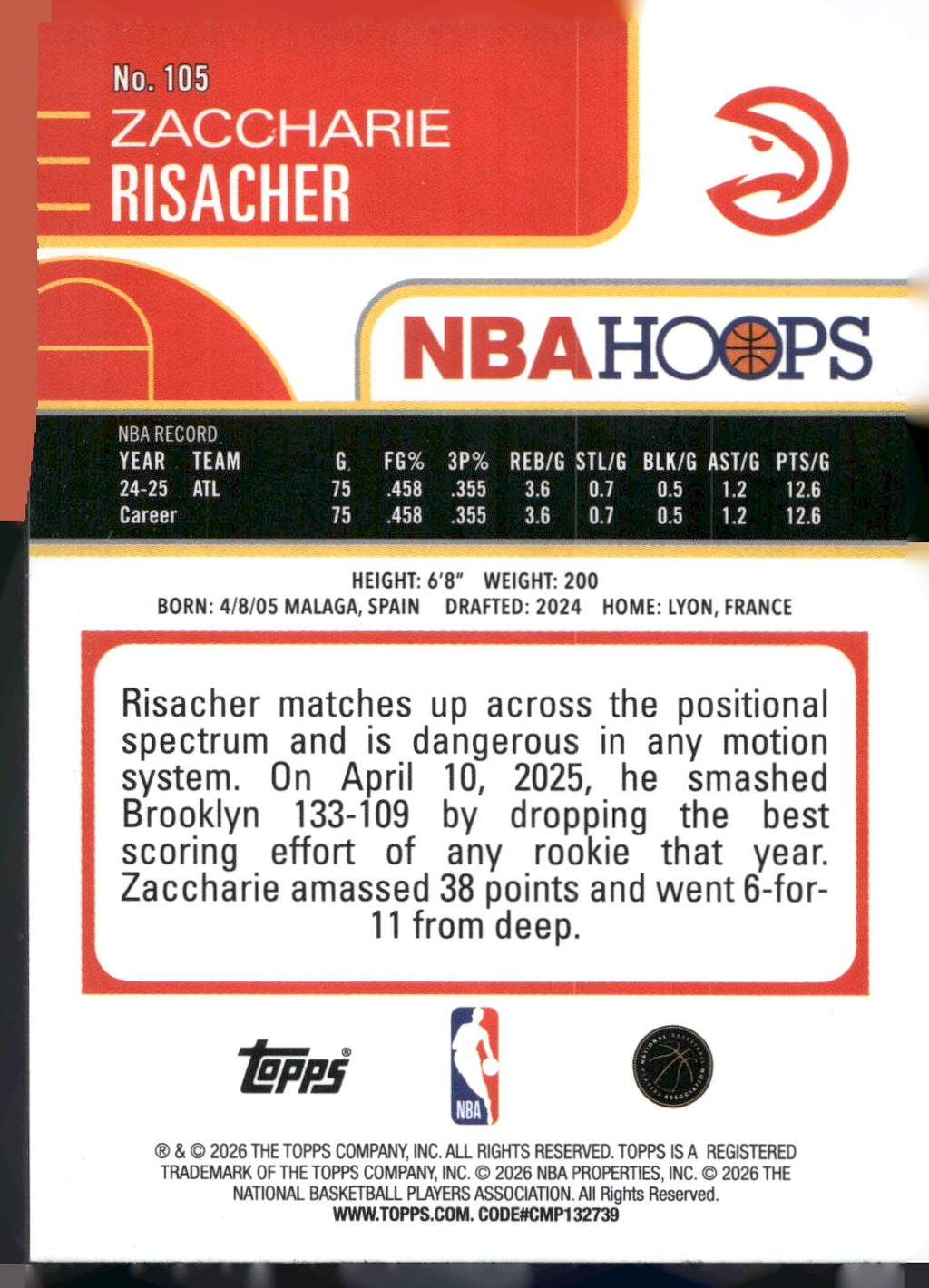 2025-26 Hoops #105 Zaccharie Risacher Rainbow