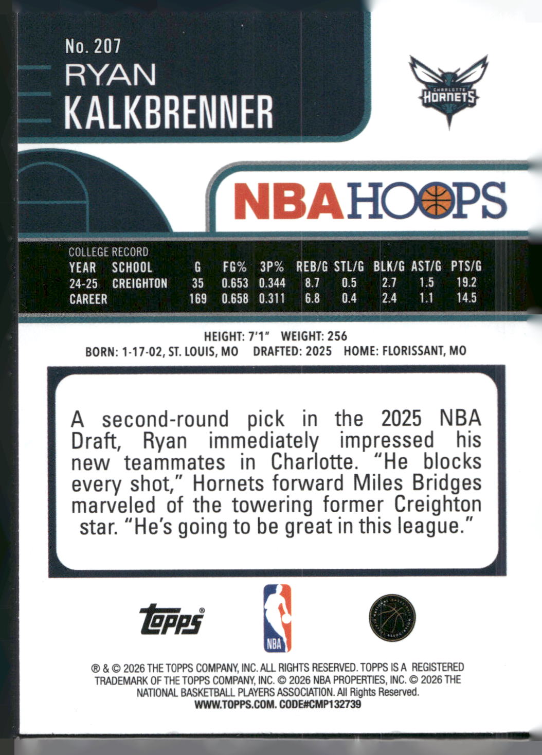 2025-26 Hoops #207 Ryan Kalkbrenner Rainbow