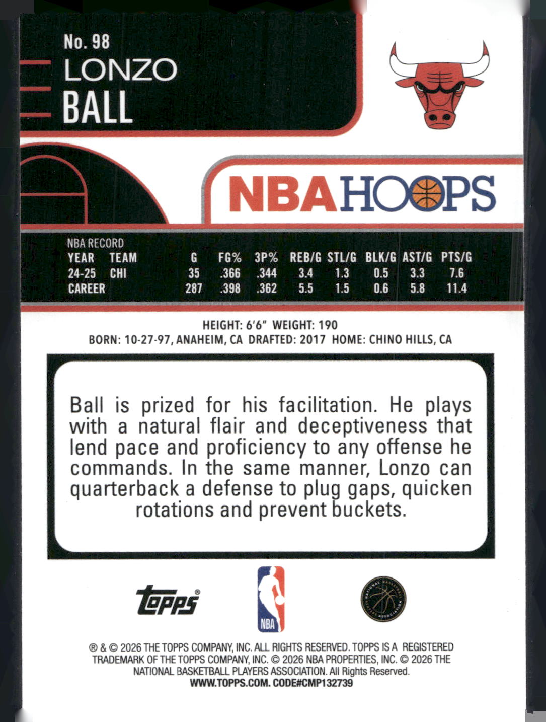 2025-26 Hoops #98 Lonzo Ball Rainbow
