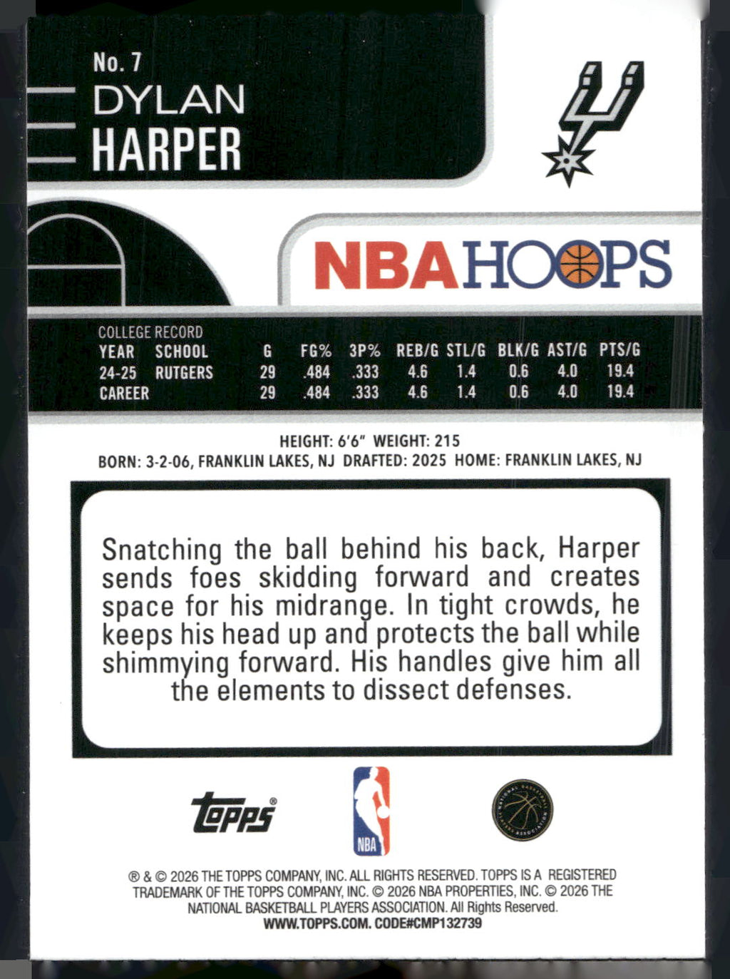 2025-26 Hoops #7 Dylan Harper Rainbow