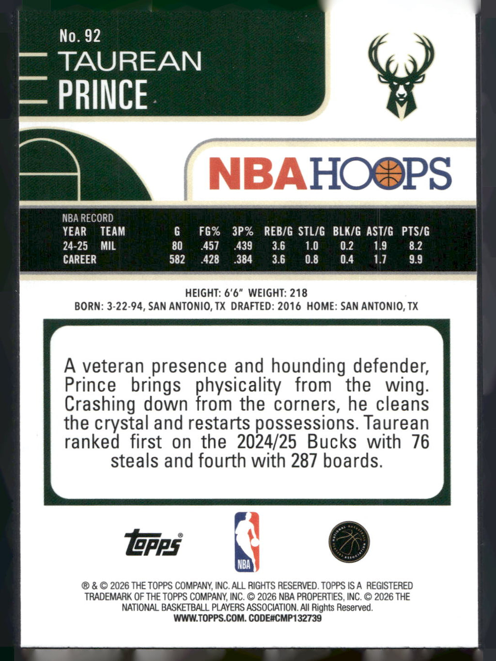 2025-26 Hoops #92 Taurean Prince Rainbow