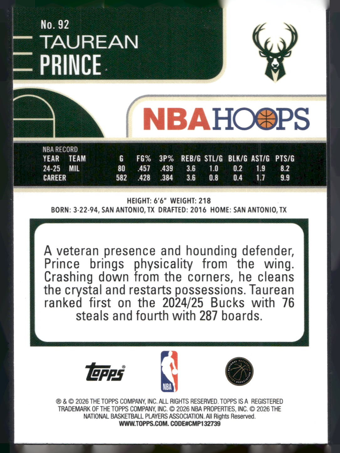 2025-26 Hoops #92 Taurean Prince Rainbow