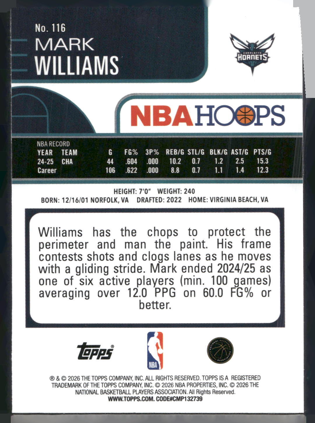 2025-26 Hoops #116 Mark Williams Rainbow