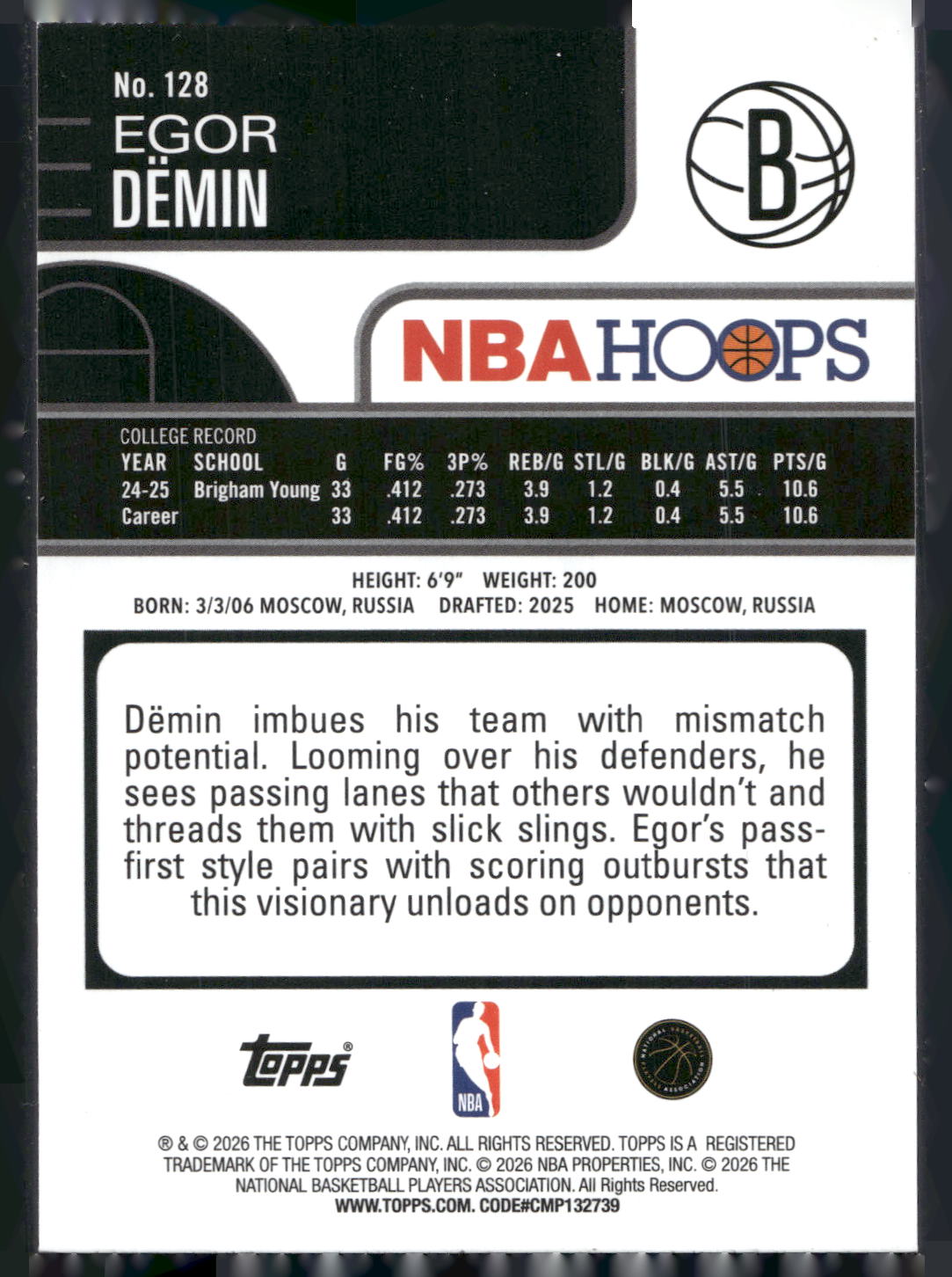 2025-26 Hoops #128 Egor Dёmin Rainbow