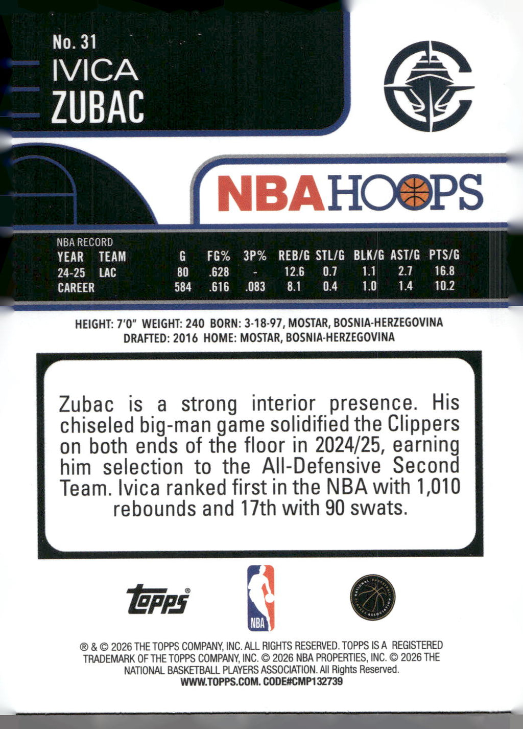 2025-26 Hoops #31 Ivica Zubac Rainbow