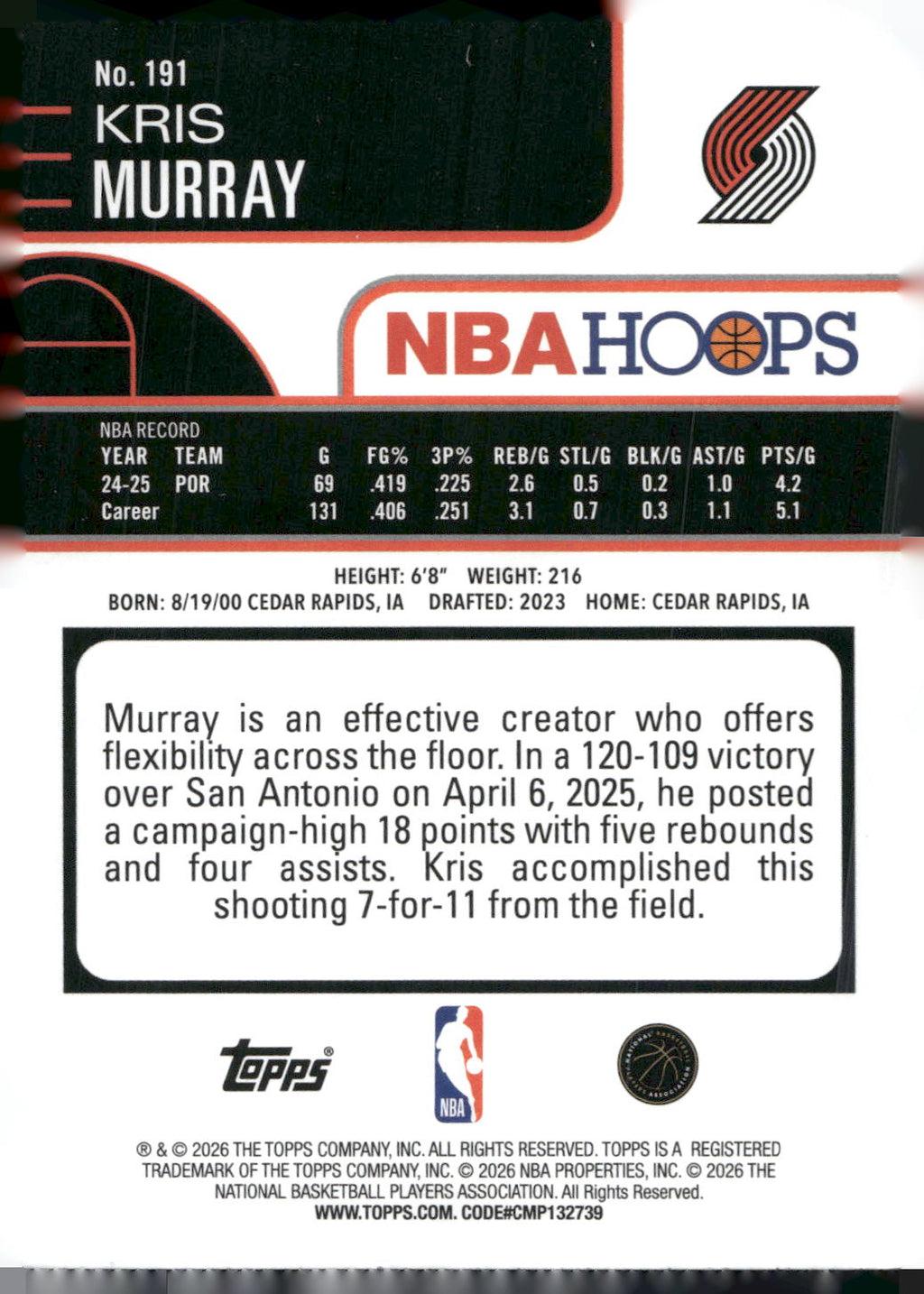 2025-26 Hoops #191 Kris Murray Rainbow