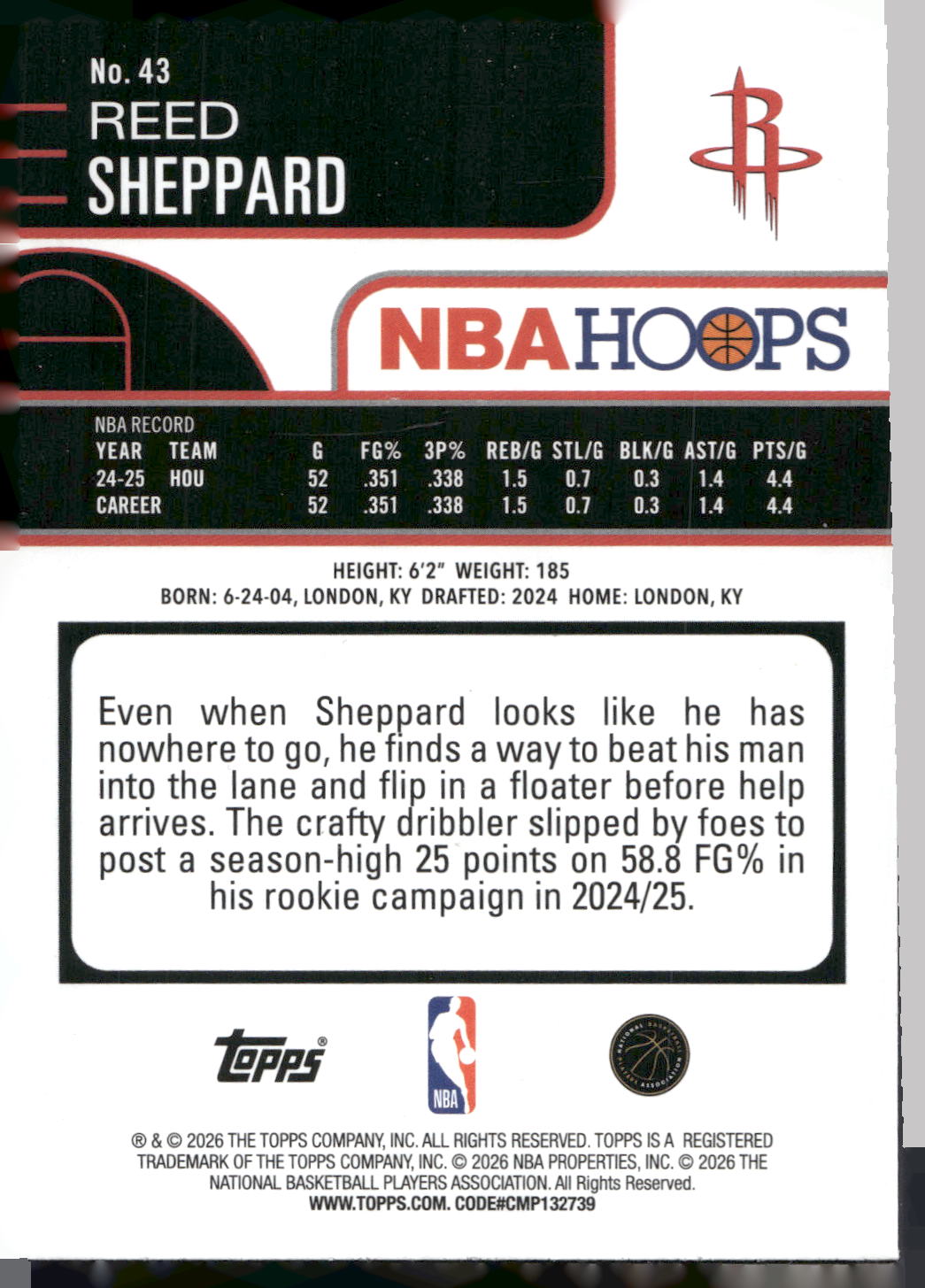 2025-26 Hoops #43 Reed Sheppard Rainbow
