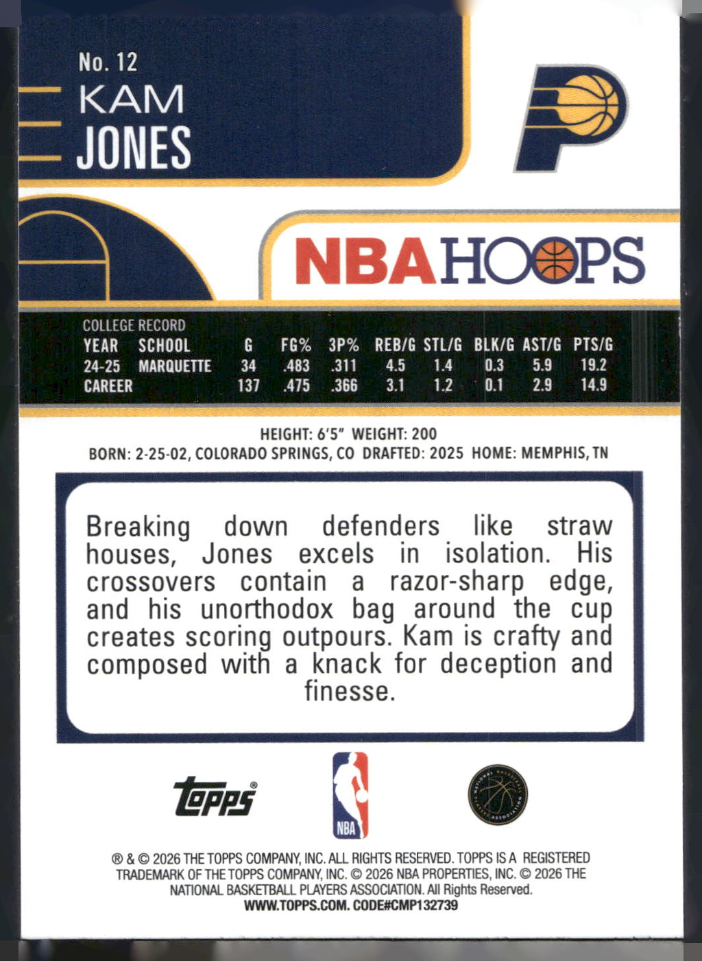 2025-26 Hoops #12 Kam Jones Rainbow
