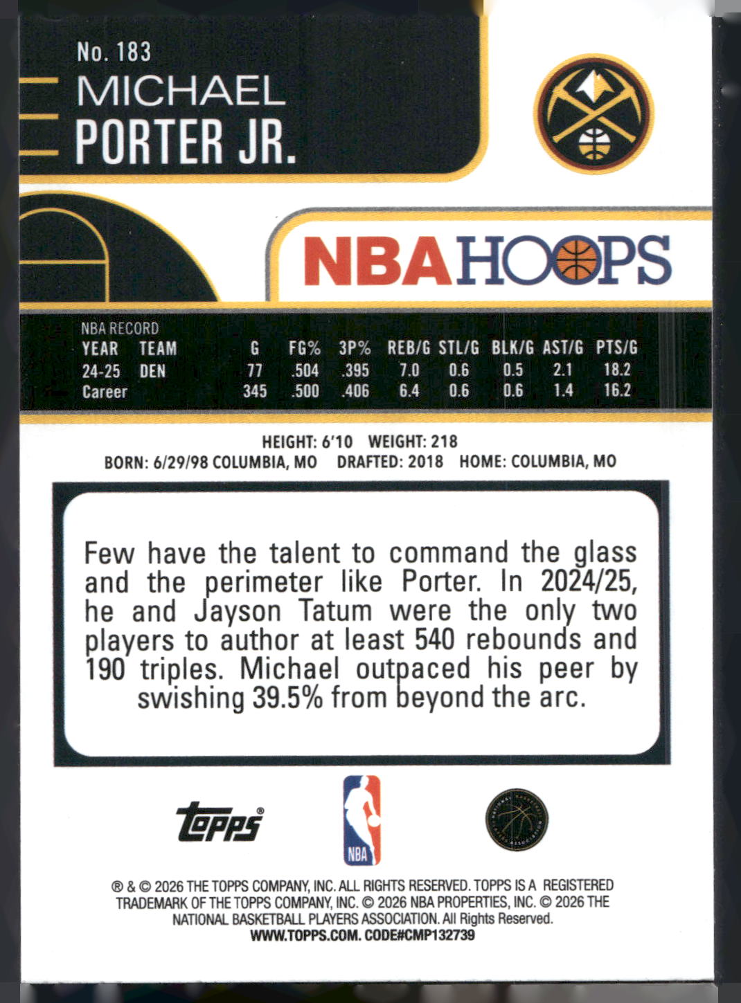 2025-26 Hoops #183 Michael Porter Jr. Rainbow