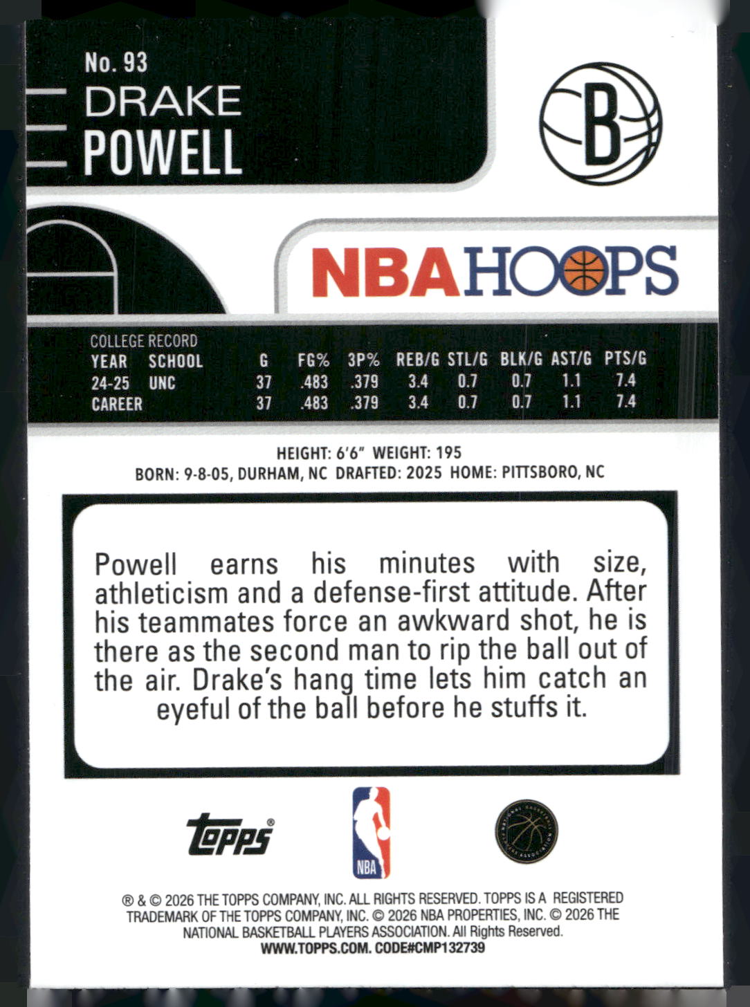 2025-26 Hoops #93 Drake Powell Rainbow