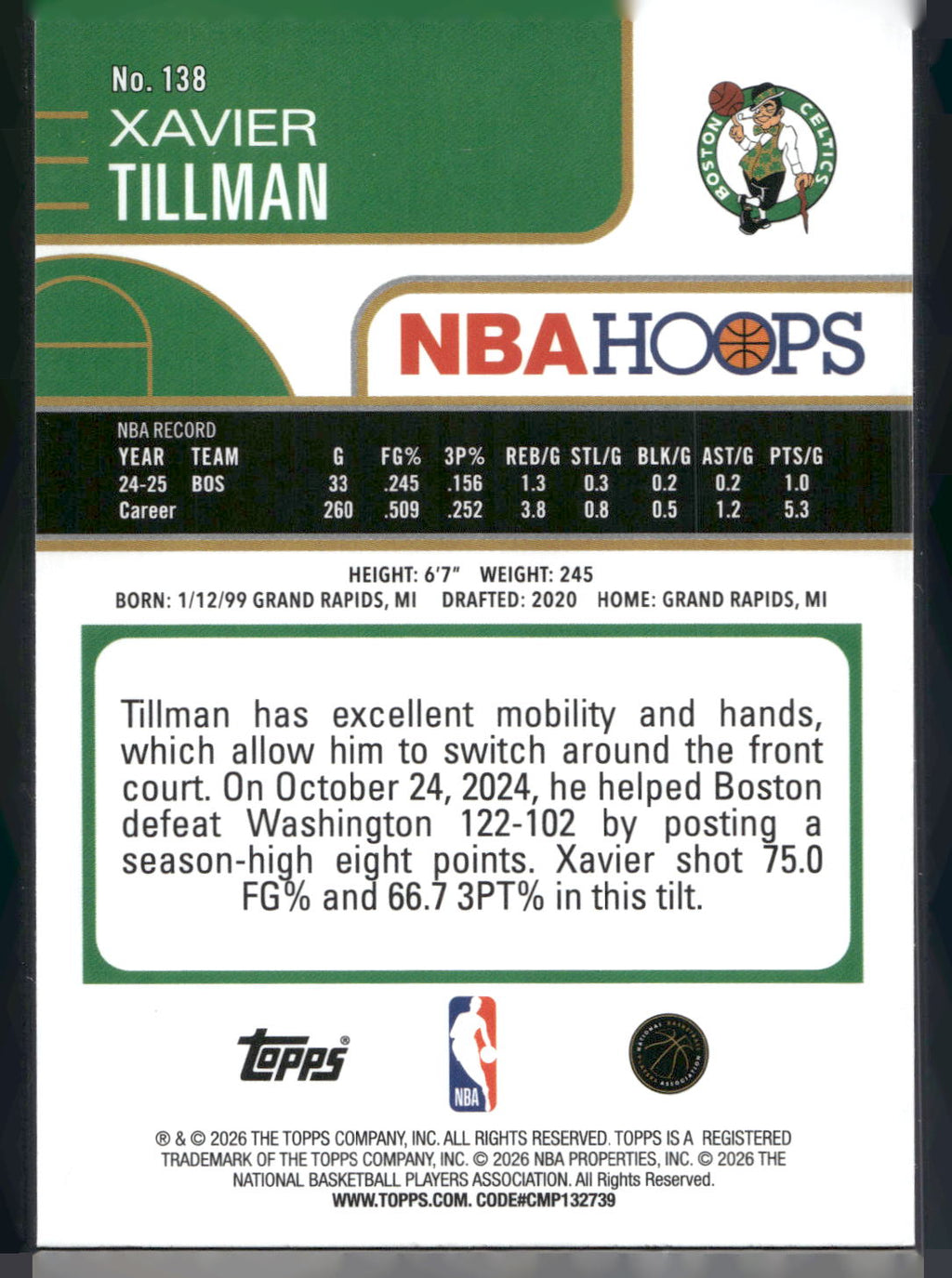 2025-26 Hoops #138 Xavier Tillman Rainbow