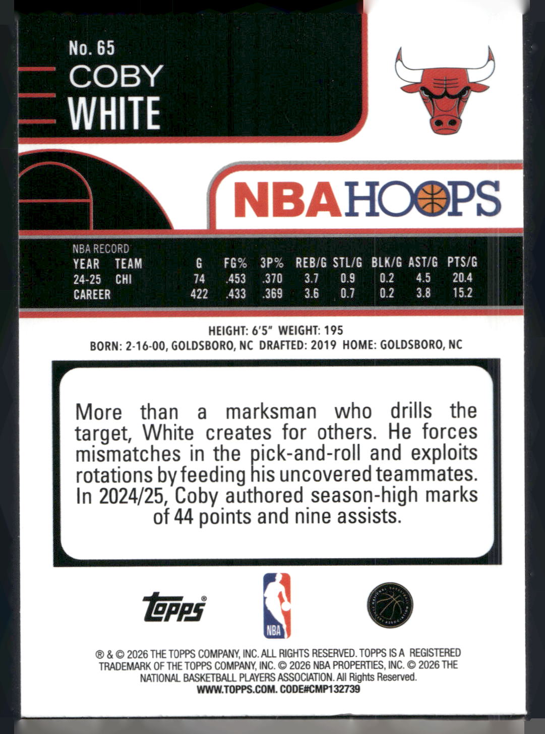 2025-26 Hoops #65 Coby White Rainbow