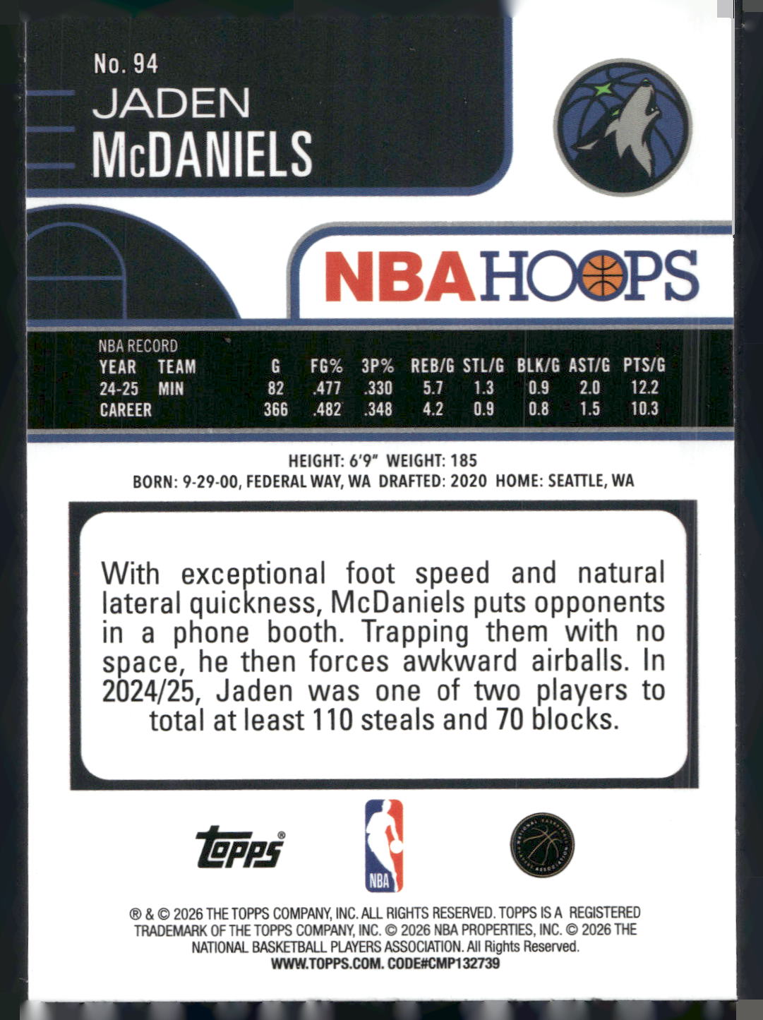 2025-26 Hoops #94 Jaden McDaniels Rainbow