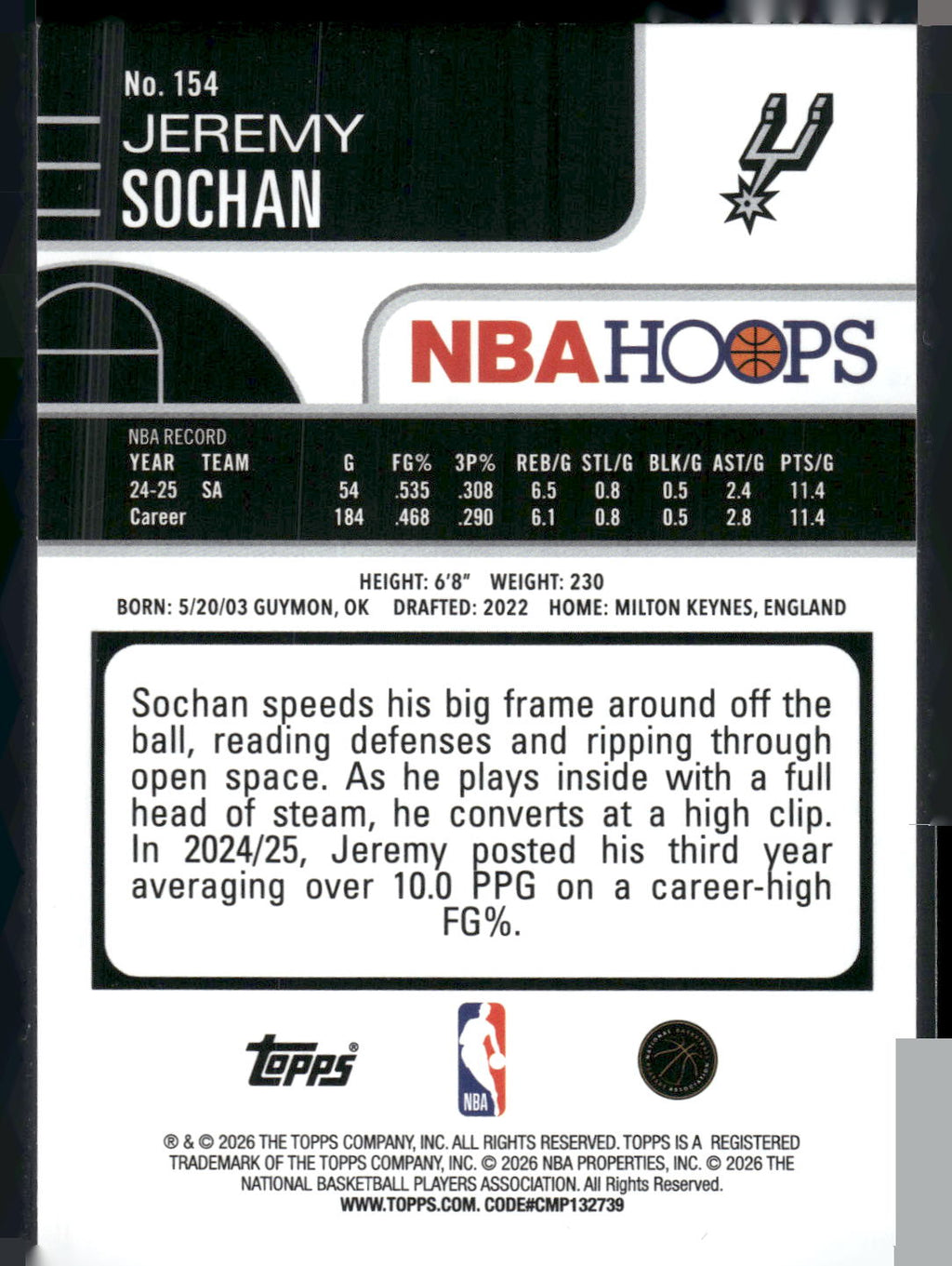 2025-26 Hoops #154 Jeremy Sochan Rainbow