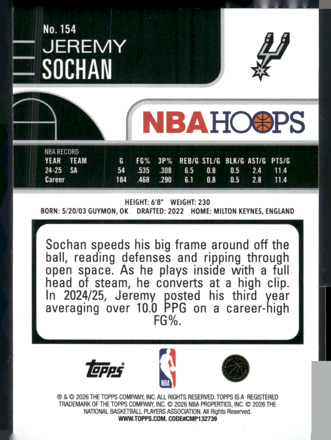 2025-26 Hoops #154 Jeremy Sochan Rainbow