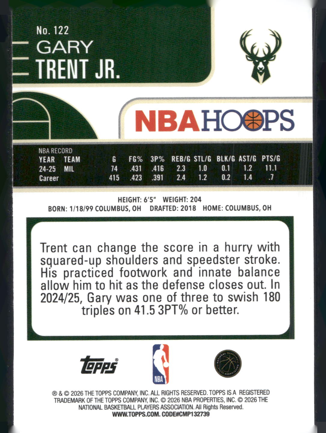 2025-26 Hoops #122 Gary Trent Jr. Rainbow
