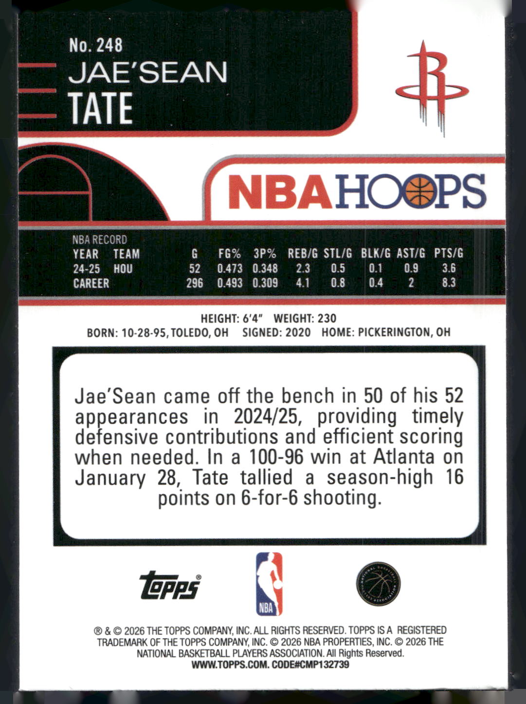 2025-26 Hoops #248 Jae'Sean Tate Rainbow