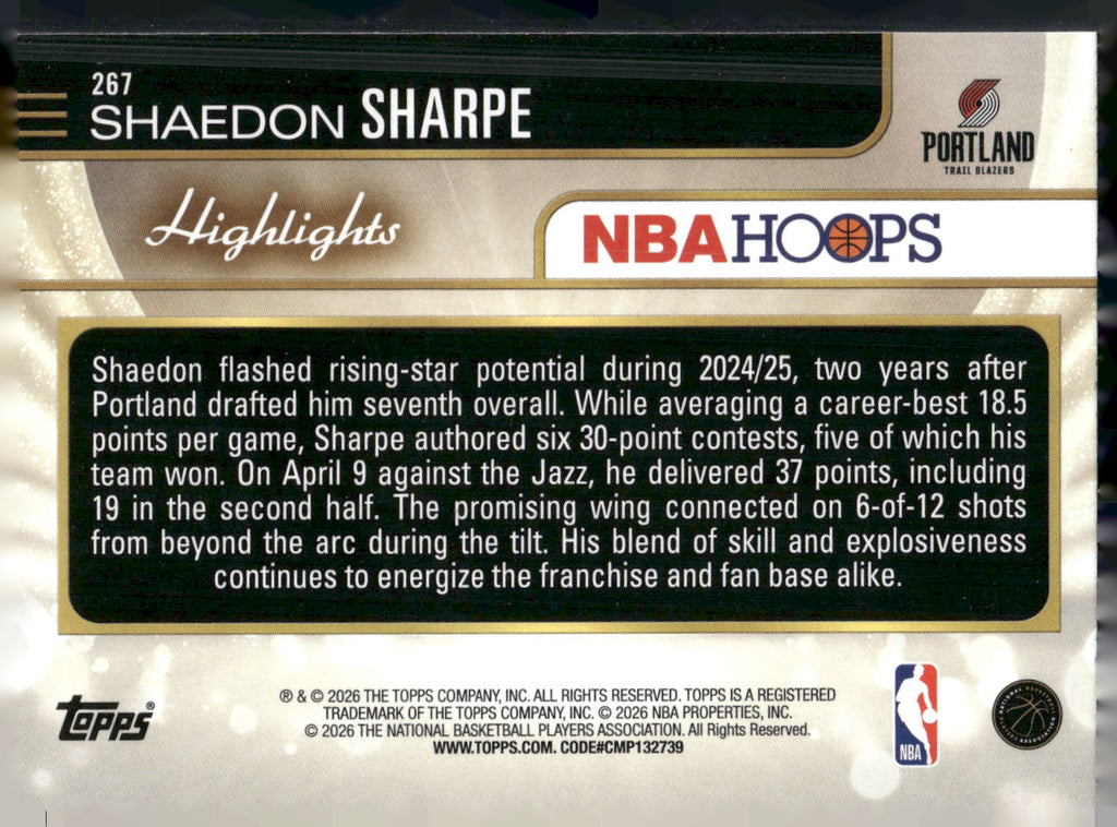 2025-26 Hoops #267 Shaedon Sharpe Rainbow