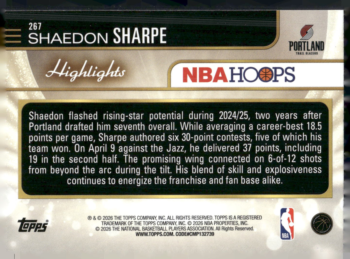 2025-26 Hoops #267 Shaedon Sharpe Rainbow