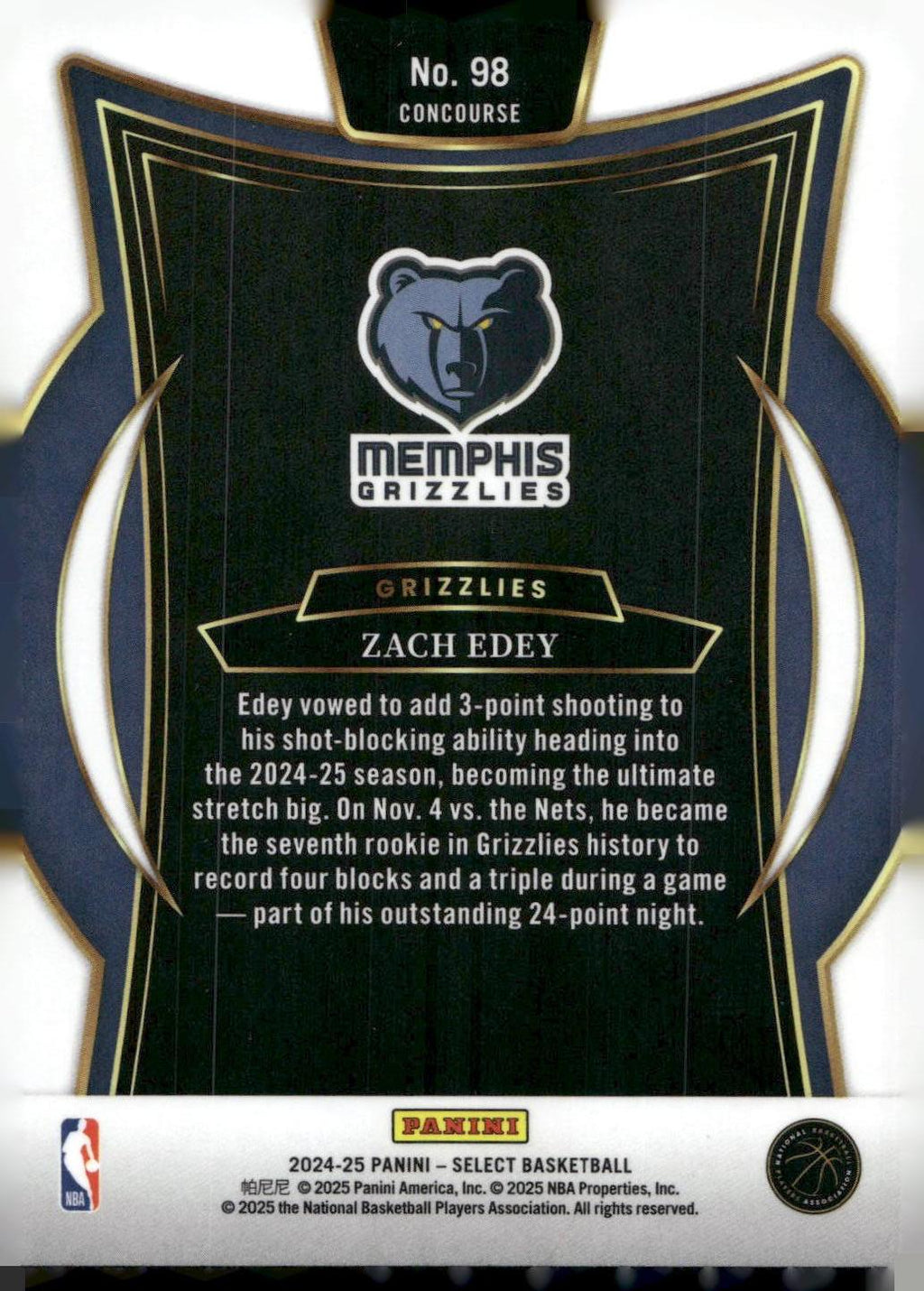 2024-25 Panini Select #98 Zach Edey Blue (Retail)