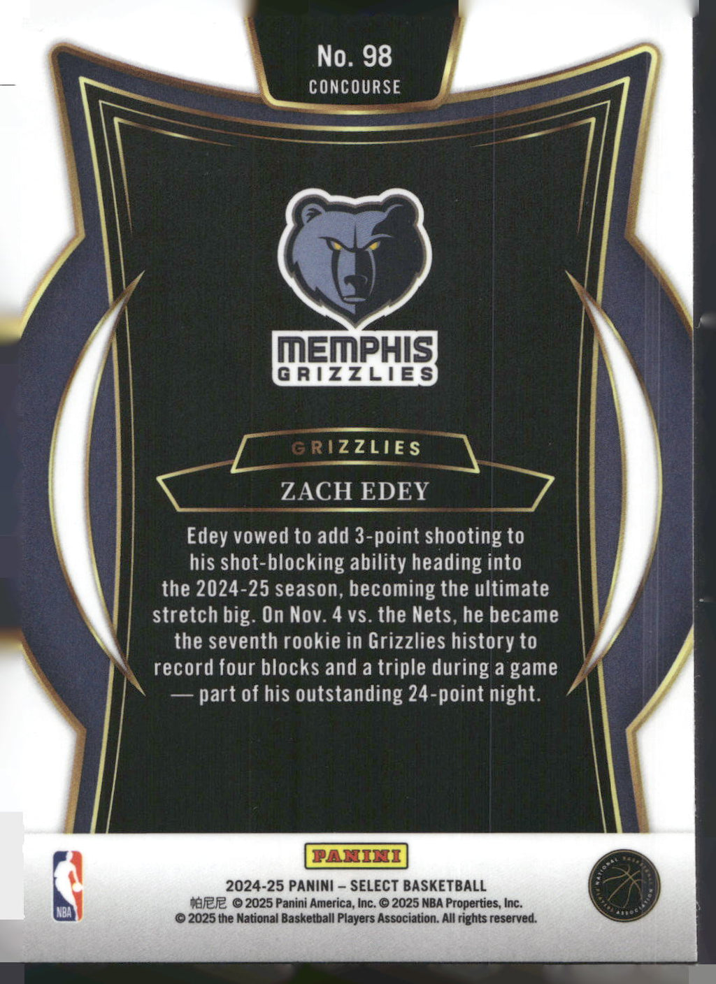 2024-25 Panini Select #98 Zach Edey Blue (Retail)