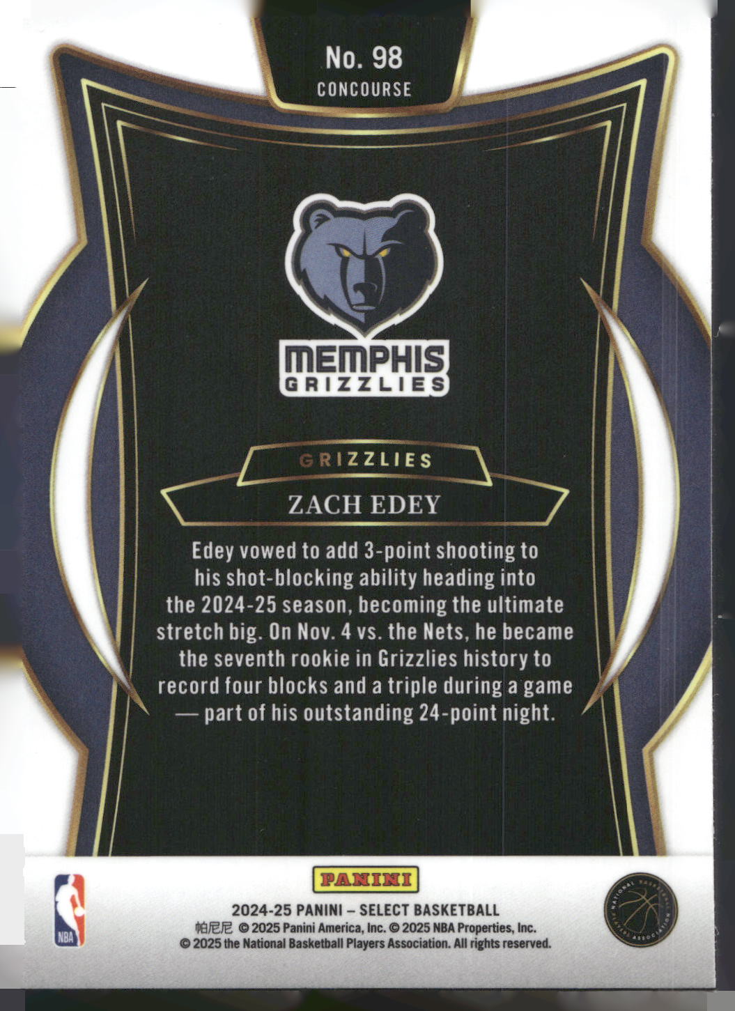 2024-25 Panini Select #98 Zach Edey Blue (Retail)