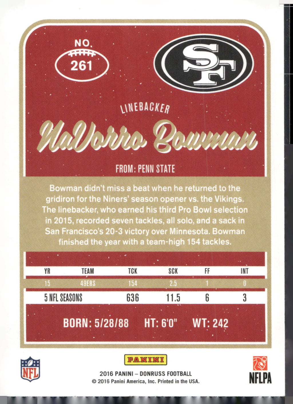 2016 Donruss #261 Navorro Bowman