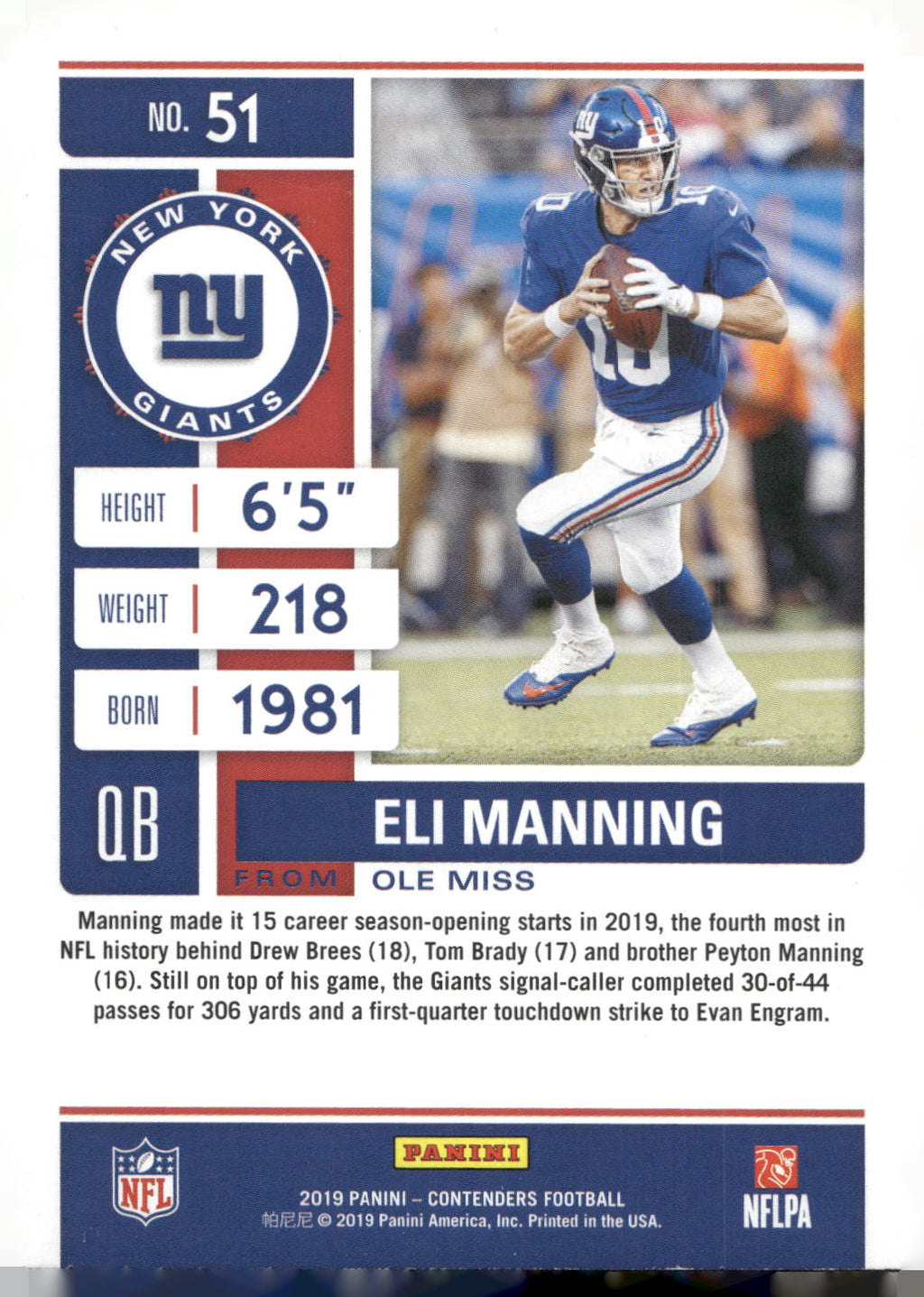 2019 Panini Contenders #51 Eli Manning