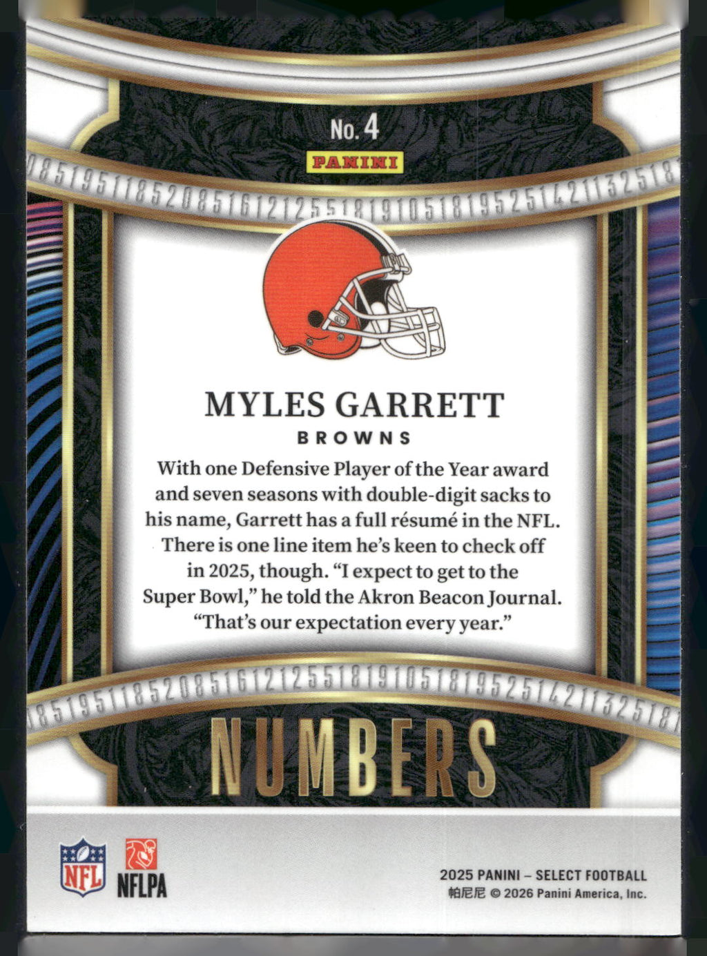 2025 Panini Select #4 Myles Garrett Select Numbers